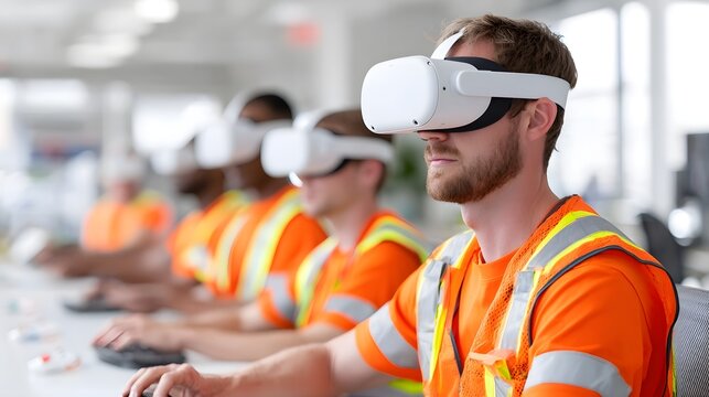 Professionals engage in immersive virtual reality simulations utilizing VR headsets and high visibility vests for advanced workplace development