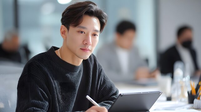 A professional man concentrates on a digital tablet with a stylus in a modern business meeting environment with blurred colleagues in the background