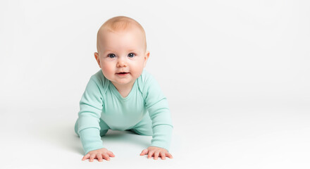 Early years welcome visual featuring crawling infant in soft bodysuit and generous copy space, ideal for promoting baby club memberships and home support services for new families today
