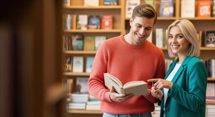 Independent bookstore experience scene featuring two engaged visitors choosing a title together, ideal for promoting in-store events, reading club signups and loyalty initiatives for avid readers