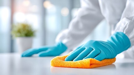 Hands wearing protective blue gloves meticulously clean a white surface with a bright orange microfiber cloth showcasing diligent sanitation and hygiene practices for a spotless environment