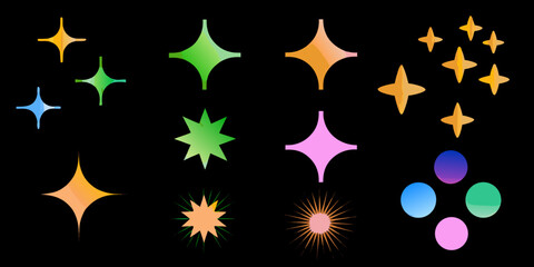 Collection of colorful sparkling starbursts and shiny elements on a black background