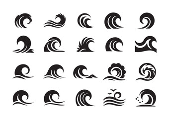 Diverse black silhouette wave icons of ocean water movement bundle