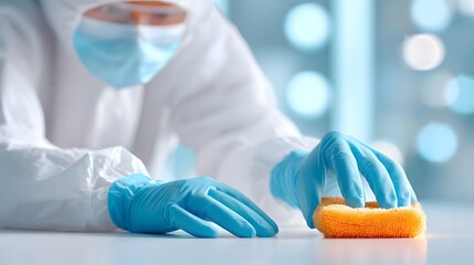 A worker in a full white protective suit blue gloves and mask is carefully sanitizing a surface with an orange sponge demonstrating strict hygiene and decontamination procedures