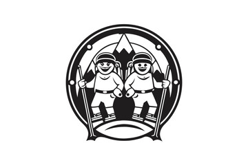 Two happy skiers smile broadly within an oval emblem featuring mountain scenery and poles