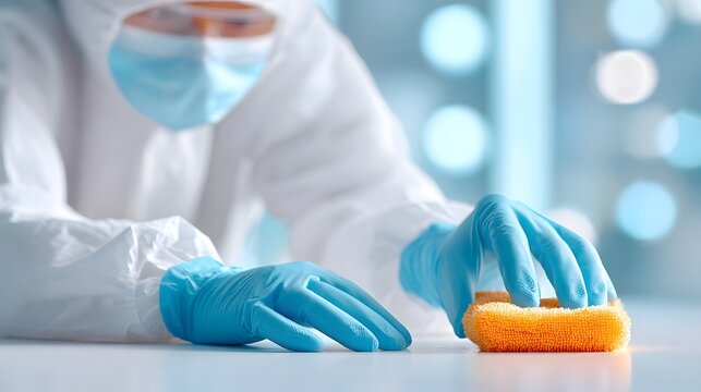 A worker in a full white protective suit blue gloves and mask is carefully sanitizing a surface with an orange sponge demonstrating strict hygiene and decontamination procedures