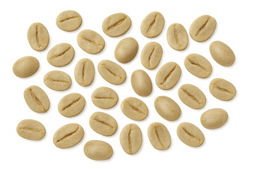 Obraz premium Green coffee beans spread on transparent background. Raw coffee for fresh hot beverage, natural caffeine, healthy energy drink