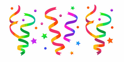 Colorful swirling streamers and confetti stars for festive celebrations and parties