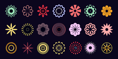 Collection of diverse geometric flower shapes and floral icons in various colors