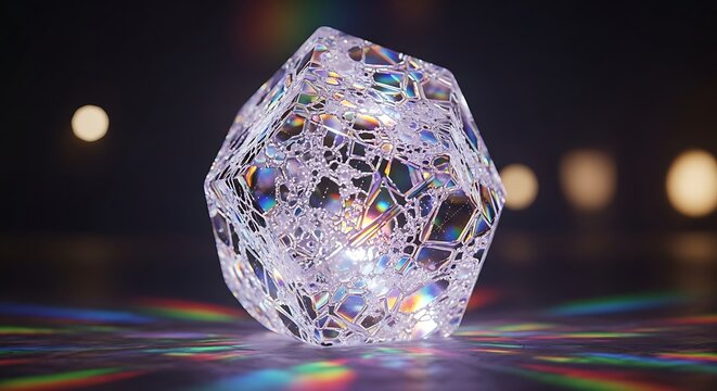 Close-up of a clear, multifaceted crystal with internal light and colorful reflections on a dark background.