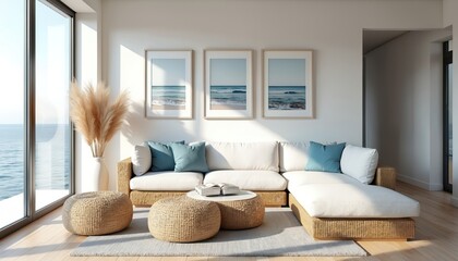 Bright living room interior in coastal style design. Sofa, ottoman furniture. Seascape artwork decorates wall. Ocean view visible via window. Stylish space shows organized serene calm, inviting