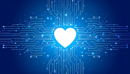 White heart with glowing circuit board on a blue background.