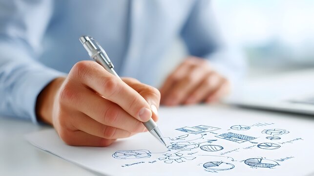 Close up of a professional hand meticulously sketching a flow chart and financial pie charts on paper symbolizing business planning and strategic development