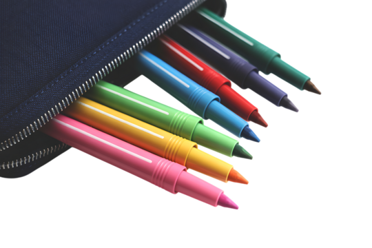 A collection of brightly colored pens peeking out of a dark blue pencil case.
