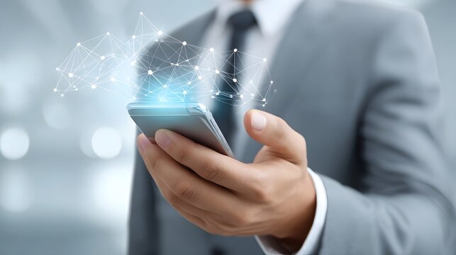 Close up of a businessman s hand holding a modern smartphone with an illuminated abstract network graphic radiating upwards representing digital communication and advanced technology concepts