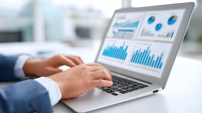 Close up of a professional analyzing business performance metrics and financial reports through colorful charts and graphs on a modern laptop screen in a bright office - Powered by Adobe