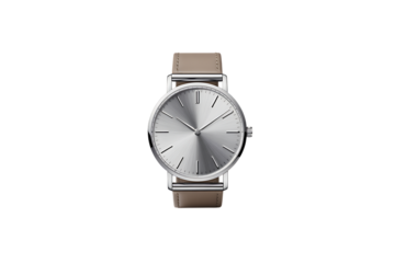 A minimalist silver wristwatch with a taupe leather band is isolated on a white background.