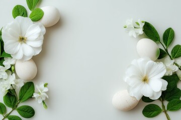 A floral arrangement with white eggs, blossoms and greenery on a light background