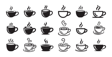 Hand drawn coffee cups with steam silhouette bundle