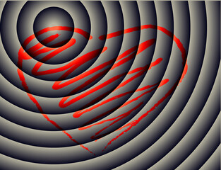 Artistic red heart on an abstract gradient background with copy space. Heart outlines with hatching contrast with clear concentric geometric ring shapes - modern background for creative design.