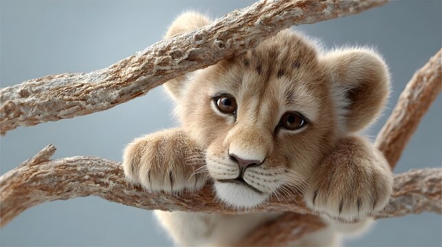 Close up portrait of a fluffy golden lion cub resting peacefully on textured tree branches conveying innocence and wild charm