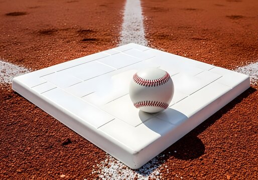 Baseball on a base on a clay baseball field close up for sports marketing