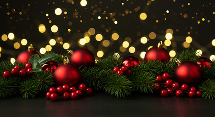 Joyful holiday background featuring vibrant red Christmas ornaments, lush green fir branches, and sparkling golden bokeh lights for festive celebrations