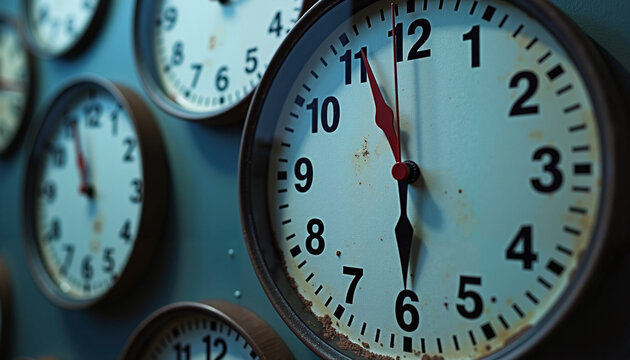 Collection of vintage clocks with distressed faces arranged on a blue wall