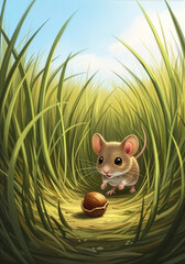 Mouse and Hazelnut in Grass