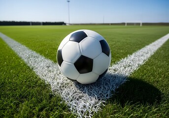 Classic Black and White Soccer Ball Resting on the Corner of a Vibrant Green Field