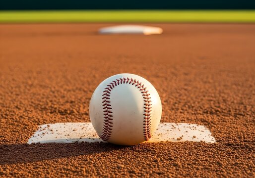 Close up of a baseball sitting on home plate with blurred background and warm light