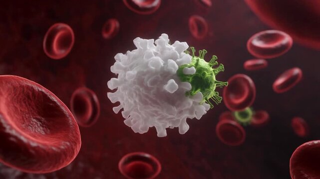 White Blood Cell Engulfing Virus Among Red Blood Cells