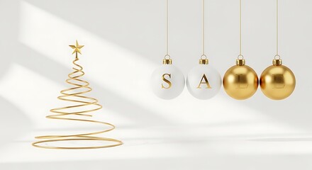 Modern Christmas holiday sale announcement featuring a gold wireframe tree and swinging ornaments on a bright, clean background