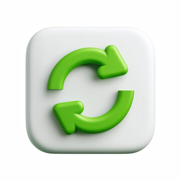 3D Green Refresh Sync Arrows Icon on White Rounded Square Button, Reload Update Symbol, Circular Rotation Loop Isolated on Transparent Background