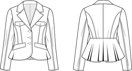 Women&rsquo;s tailored blazer technical flat sketch, front and back view, fashion jacket CAD drawing vector illustration