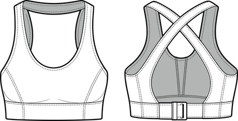 Women’s sports bra flat sketch, racerback crisscross strap technical drawing, activewear fashion design, CAD drawing flat vector illustration
