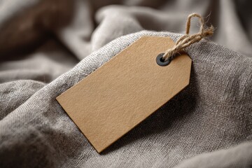 A photorealistic mockup of a blank kraft paper tag (price or gift tag), with a string. Lying on a folded, textured linen fabric. Natural, organic, or retail concept.