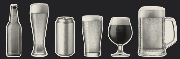 Set of beer glasses, mugs, and cans in halftone retro style. Vintage cut out elements for bar design, brewery branding, pub posters, mixed media collages.