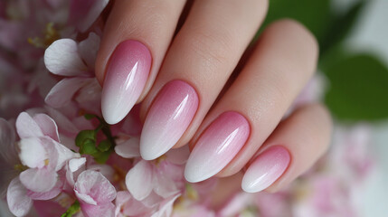 Elegant manicure with a delicate pink and white ombre design, perfectly manicured nails showcasing the beauty of a nail design and a natural floral background.