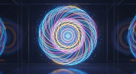 Luminous sphere of swirling energy in a futuristic setting.