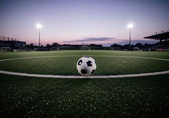 Soccer ball resting on a stadium field under the twilight sky ready for game