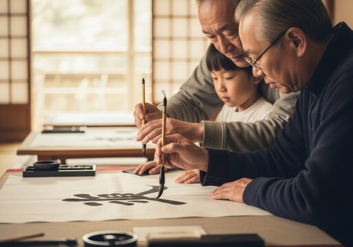 Two asian grandfathers teaching a boy calligraphy at home, cultural education and intergenerational learning concept for Asian heritage. - Powered by Adobe