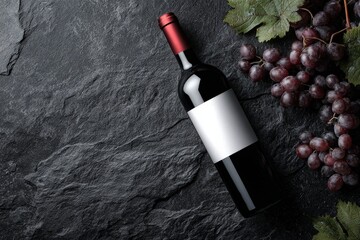 A photorealistic mockup of a blank wine bottle (red wine), no label. On a dark slate surface with grapes. Elegant, perfect for wine branding or label display.