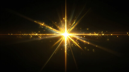 An illuminating radiant gold star shining brightly against a black backdrop, creating a captivating visual effect. The star's light bursts outward, with golden particles scattered across the scene.