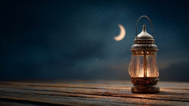 Vintage ramadan lantern glowing at night with warm light, creating festive eid mubarak atmosphere for muslim holiday celebration