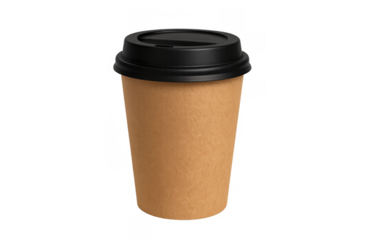 Craft paper coffee cup with black lid, ideal for hot takeaway drinks. Customizable packaging template on a transparent background
