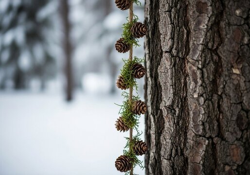 Pine cones and moss hanging from rope next to a textured tree trunk with a snowy background. Winter nature decoration for holiday celebration.