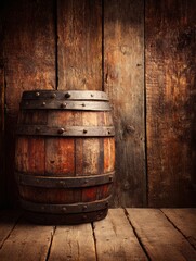 Fototapeta premium Wooden Wine Barrel Standing Against Rustic Barn Wall in Warm Tones at Farmhouse Setting