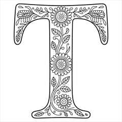Floral Letter T Coloring Page, Decorative Alphabet Outline with Flowers and Leaves, Botanical Monogram Coloring Design