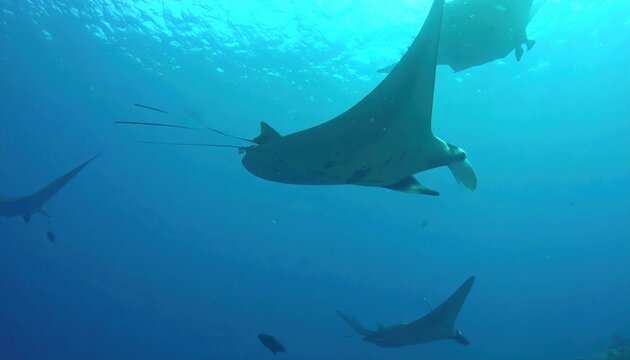 Manta rays in deep blue ocean